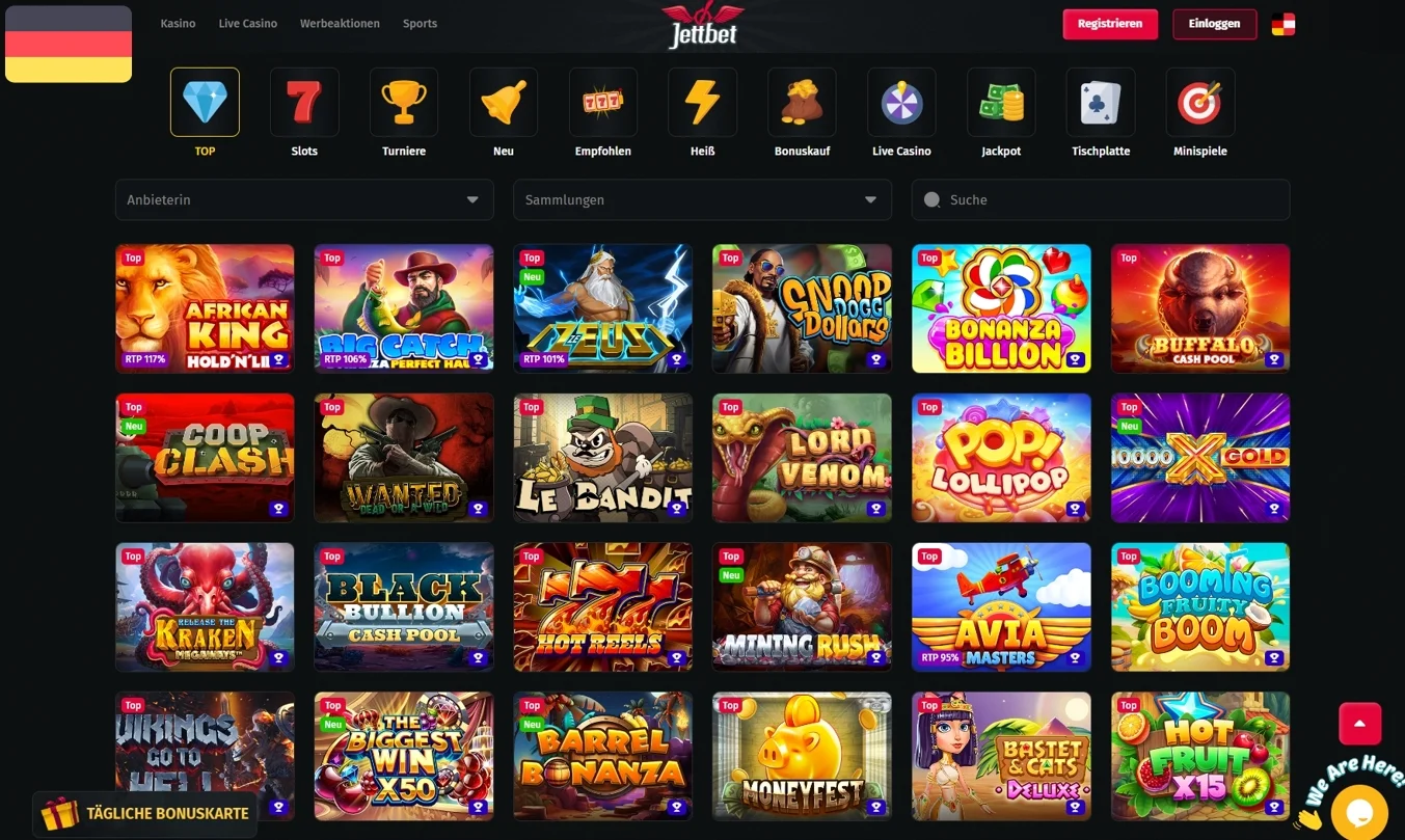Slot-Auswahl bei JettBet mit Bonus-Buy-Filter
